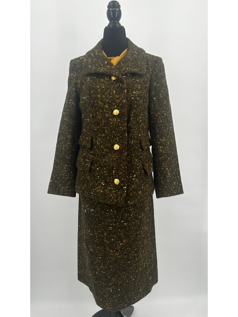 Pendleton 100% Wool Skirt Suit Set Size 12 + Yellow Blouse – Brown Tweed 3-Piece